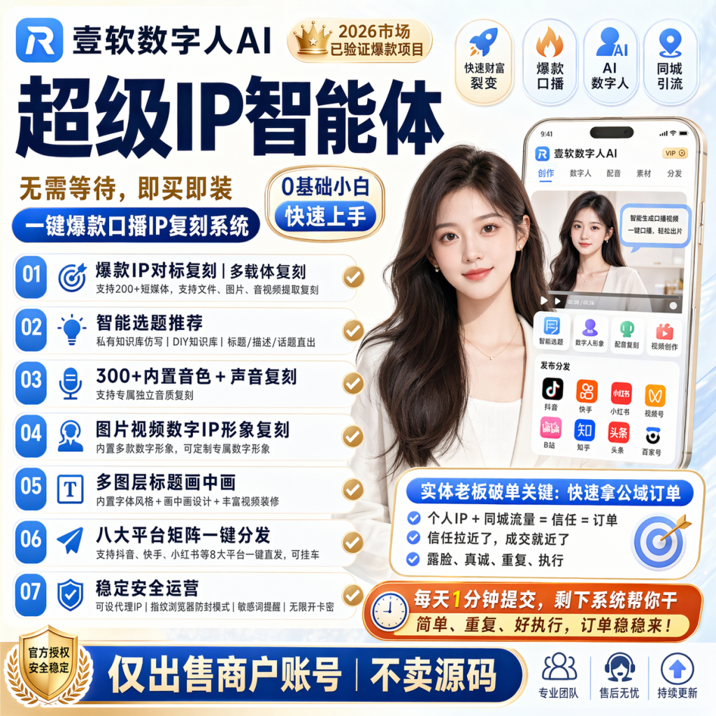 【爆火项目】超级IP智能体,一键爆款口播IP复刻系统，2026市场已验证爆款项目，0基础小白快速上手-济南壹软网络科技