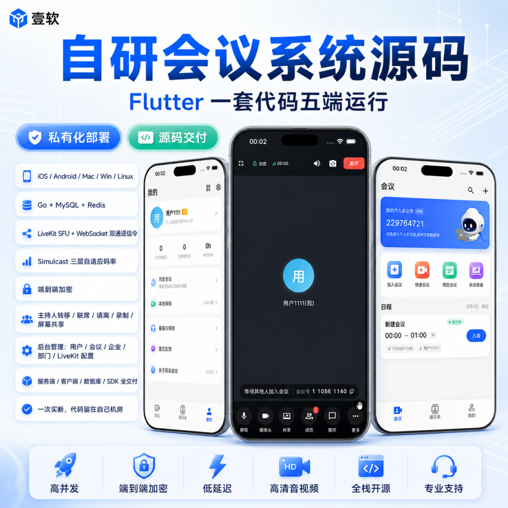 [预售]壹软会议系统全套源码交付：Go+MySQL+Redis 高并发后端 + 五端互通客户端 (无加密)5.8号发布现在预定定金5000抵扣10000-济南壹软网络科技