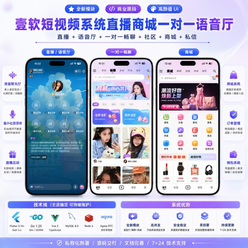 Like 壹视短视频系统+直播+商城+一对一+语音厅+IM|Flutter+Go+Vue 三端完整商业级源码-济南壹软网络科技